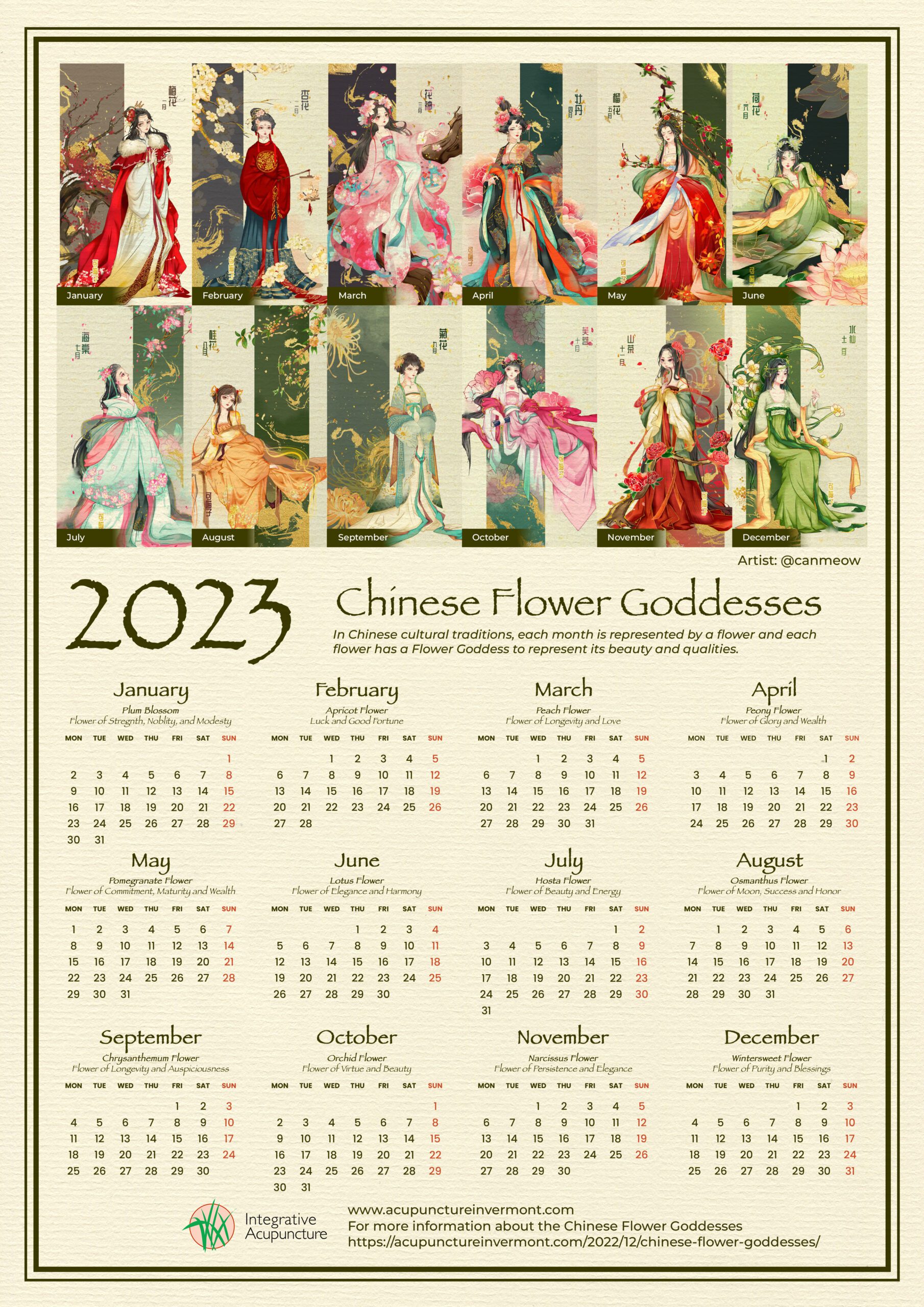 Chinese Flower Goddesses calendar 2023