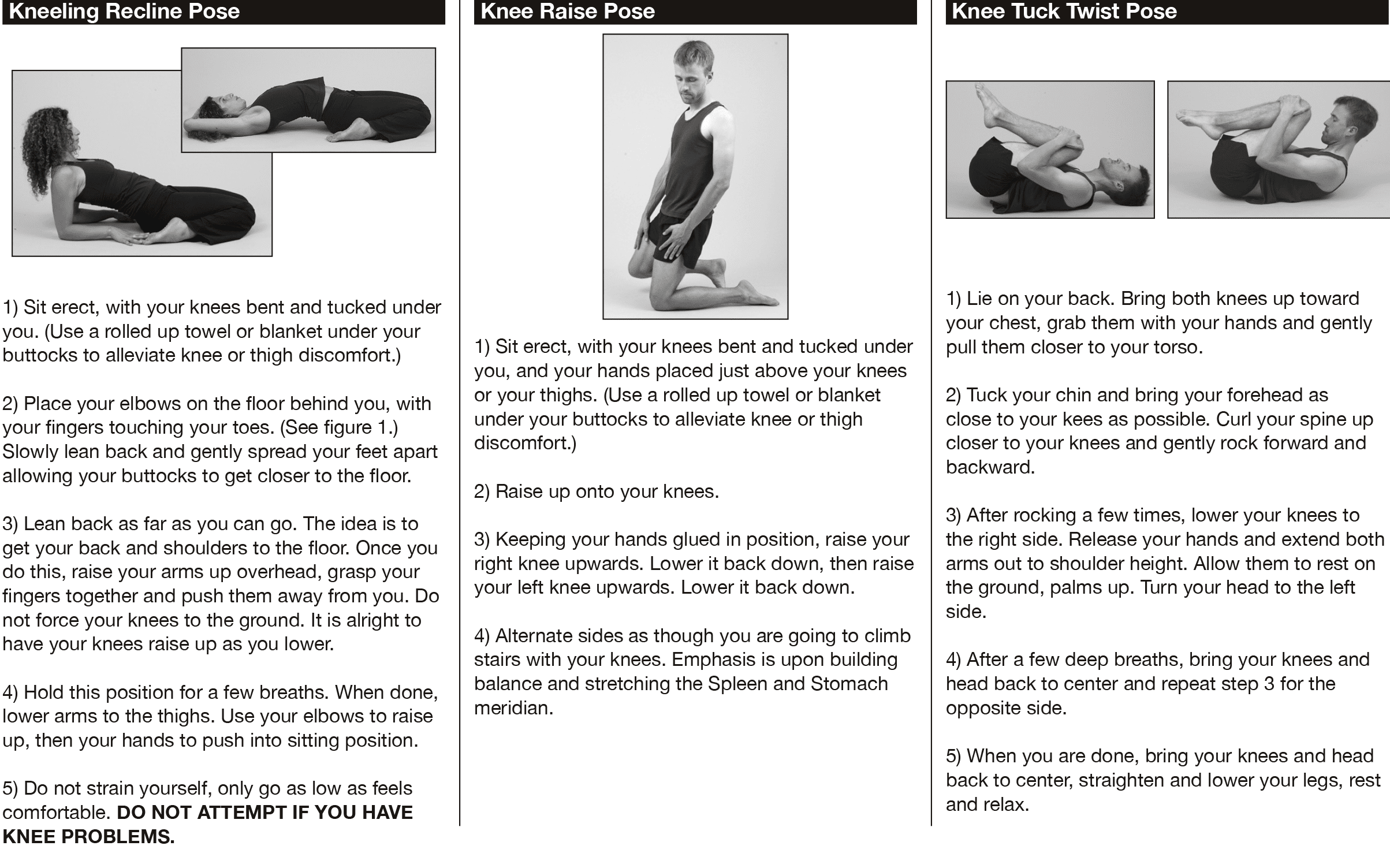 Diagrams and instructions for kneeling recline pose, knee raise pose, and knee tuck twist pose