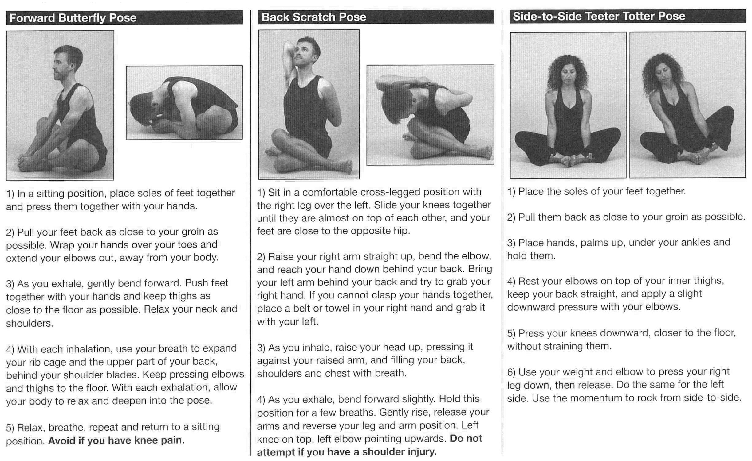Diagram and instructions for forward butterfly pose, back scratch pose, and side-to-side teeter totter pose