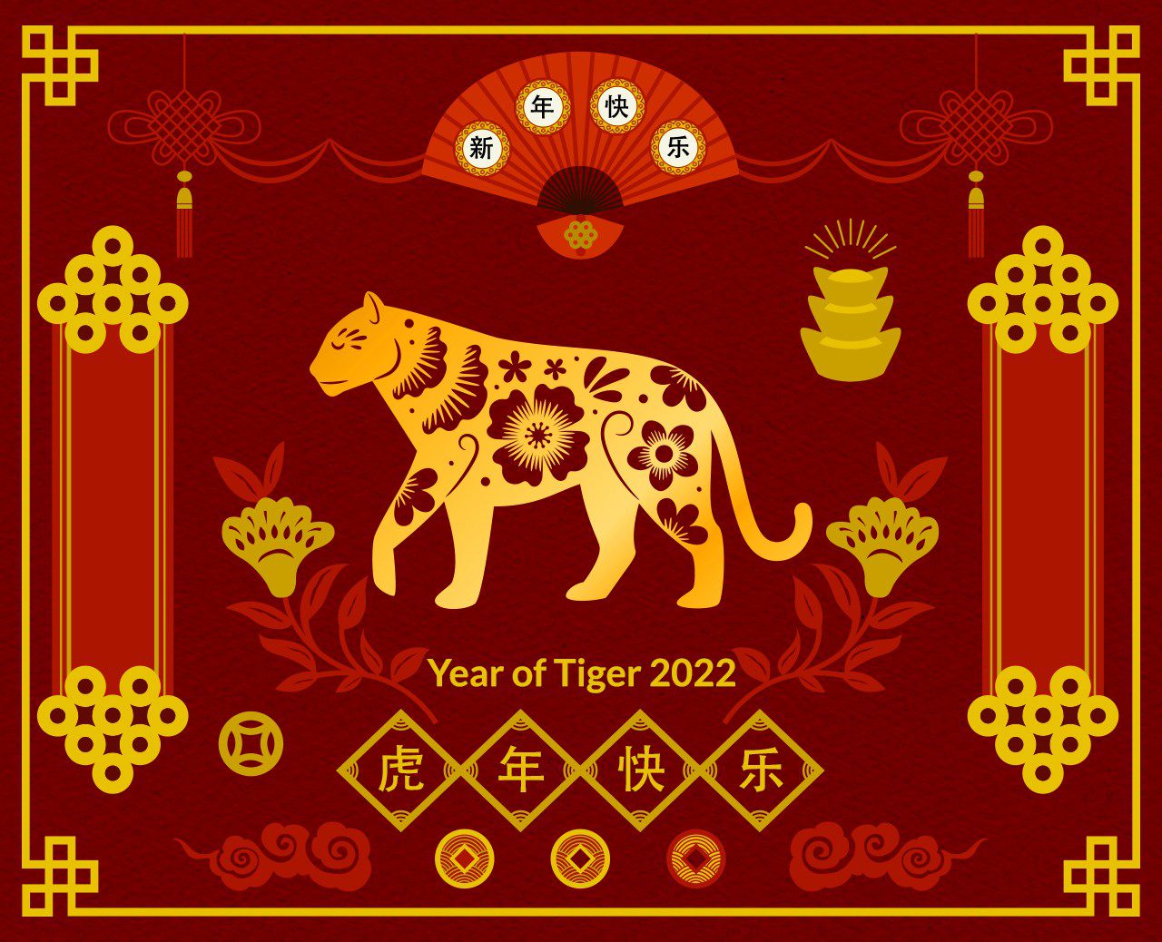 "Year of tiger 2022" gold text and drawing of tiger on red background