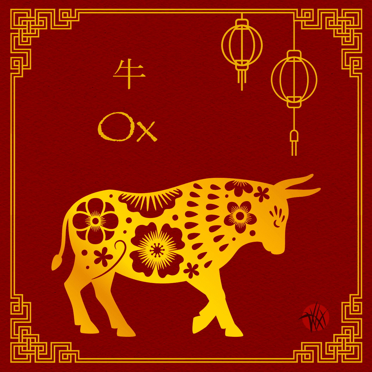 Zodiac animal: ox. Red background with gold drawing of ox