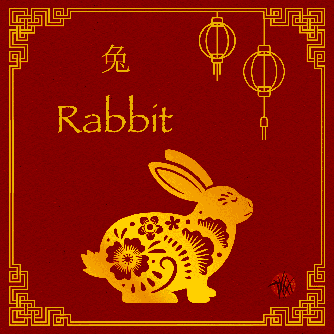 Zodiac animal: rabbit. Red background with gold drawing of rabbit