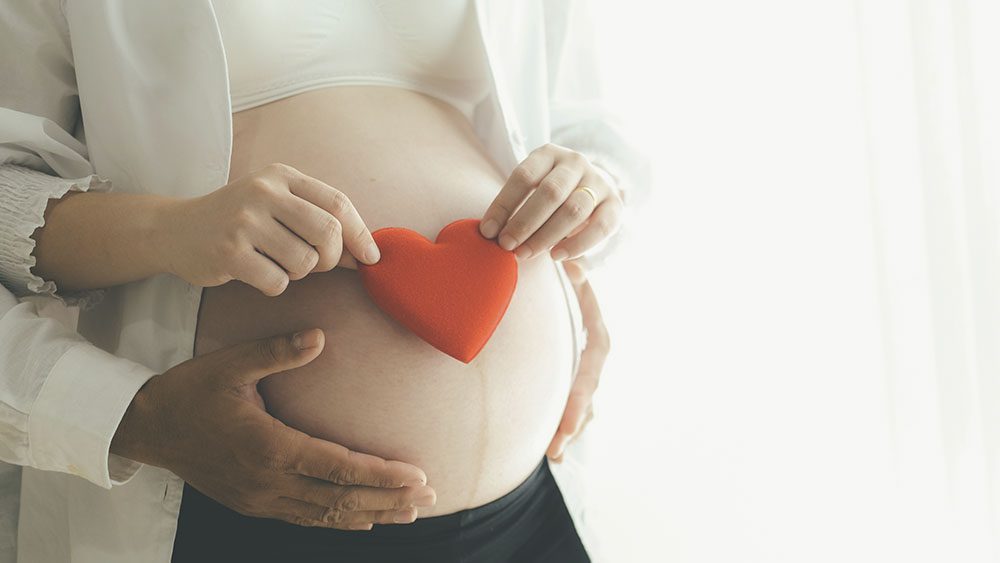 Couple with hands on a pregnant belly. One person is also holding a red heart