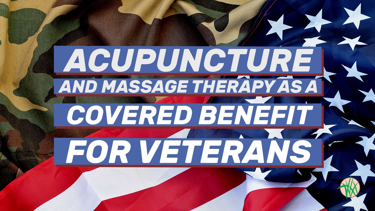 Acupuncture and massage therapy as a covered benefit for veterans. Text against an American flag and a camo background