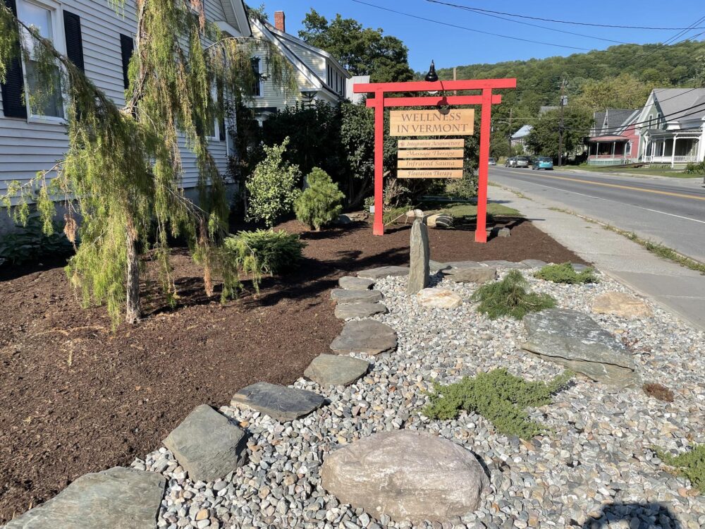 Rock garden in front of Wellness in Vermont Office