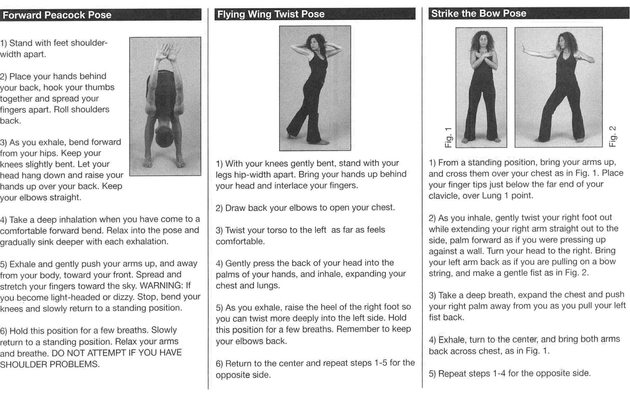 Diagram and instructions for forward peacock pose, flying wing twist pose, and strike the bow pose