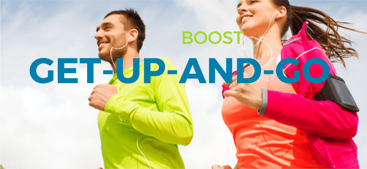 Boost Get up and go Olympia. 2 people running and smiling
