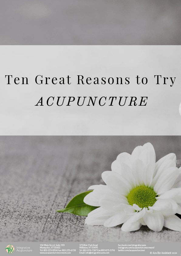 "ten great reasons to try acupuncture" text over gray background with flower