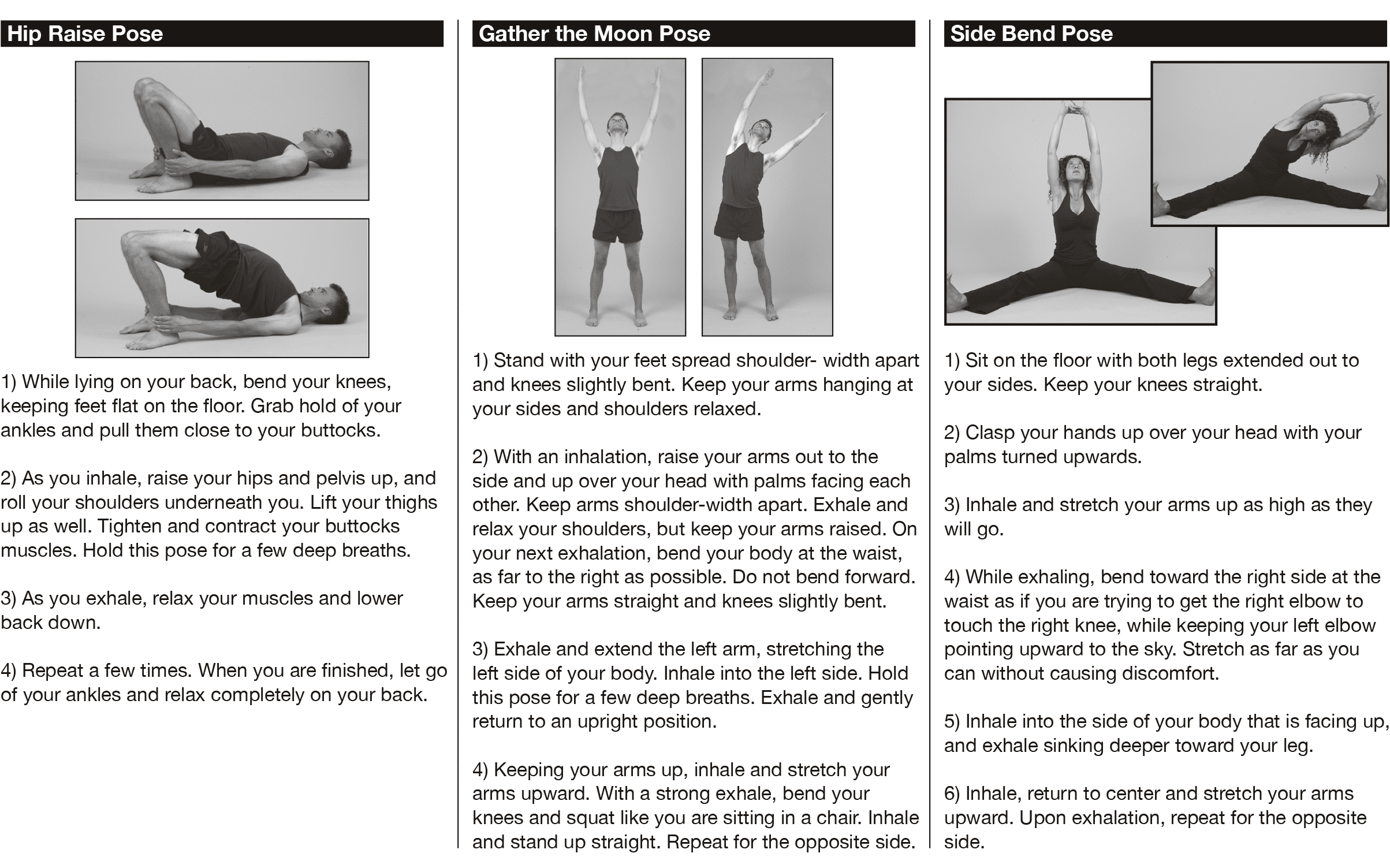 Photos and instructions for hip raise pose, gather the moon pose, and side bend pose