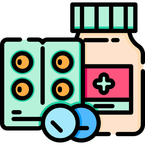 drawing of medications: one liquid, one in a pill pack, and two loose