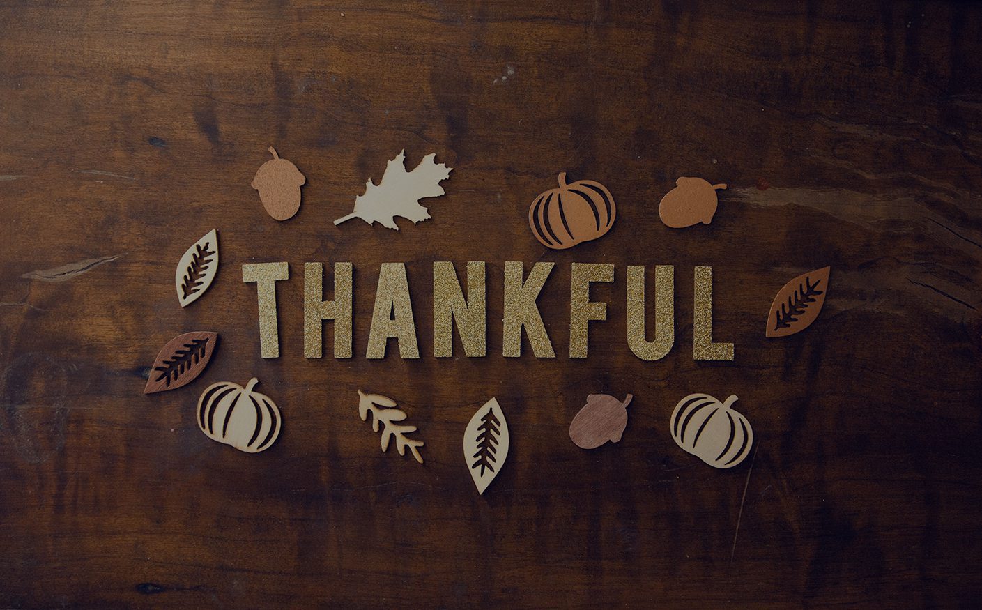 Thankful written out in cutout gold letters with images of autumn scattered around (leaves, acorns, and pumpkins)